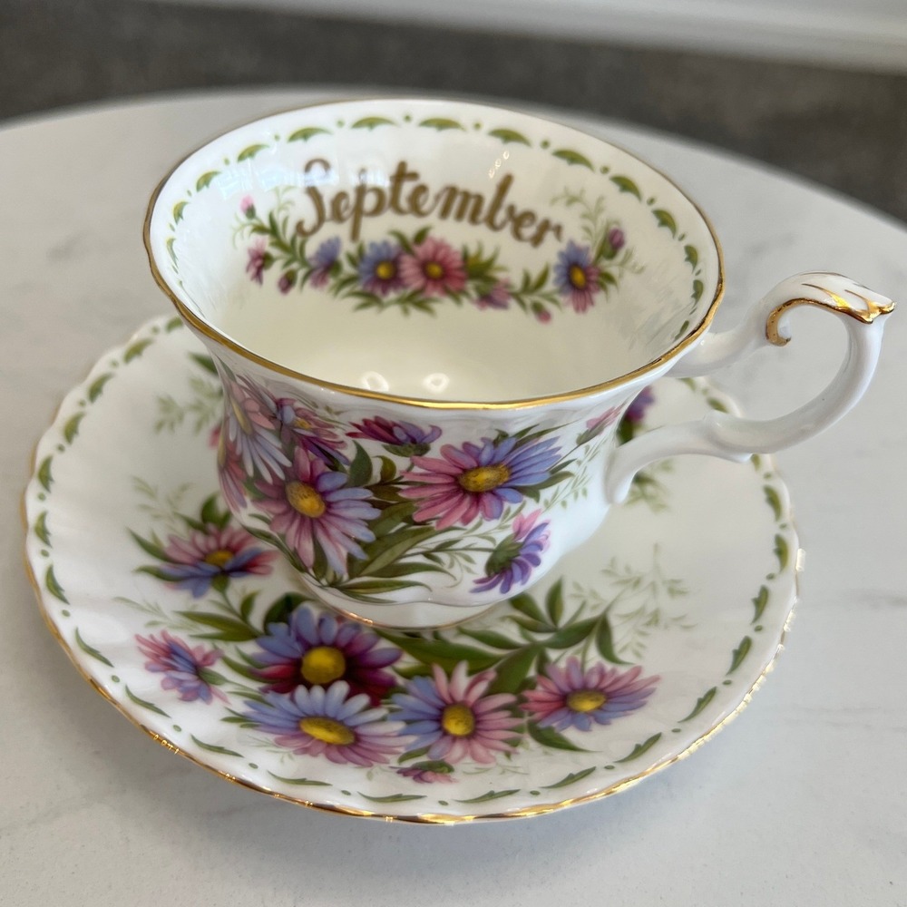 Royal Albert September Michaelmas Daisy Teacup Saucer Flower of the Month Vtg